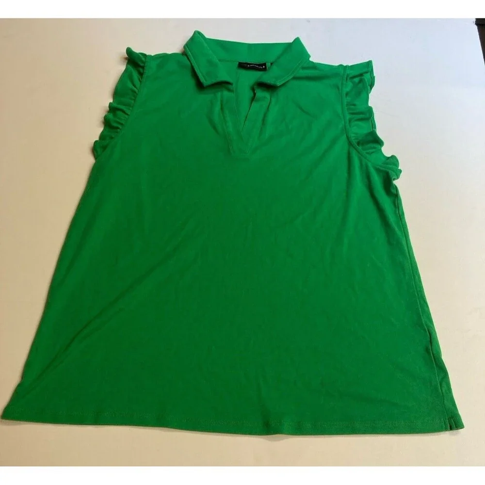 Rafaella Women's Green Solid Collared Knit Cotton Ruffle Polo Top XXL Regular